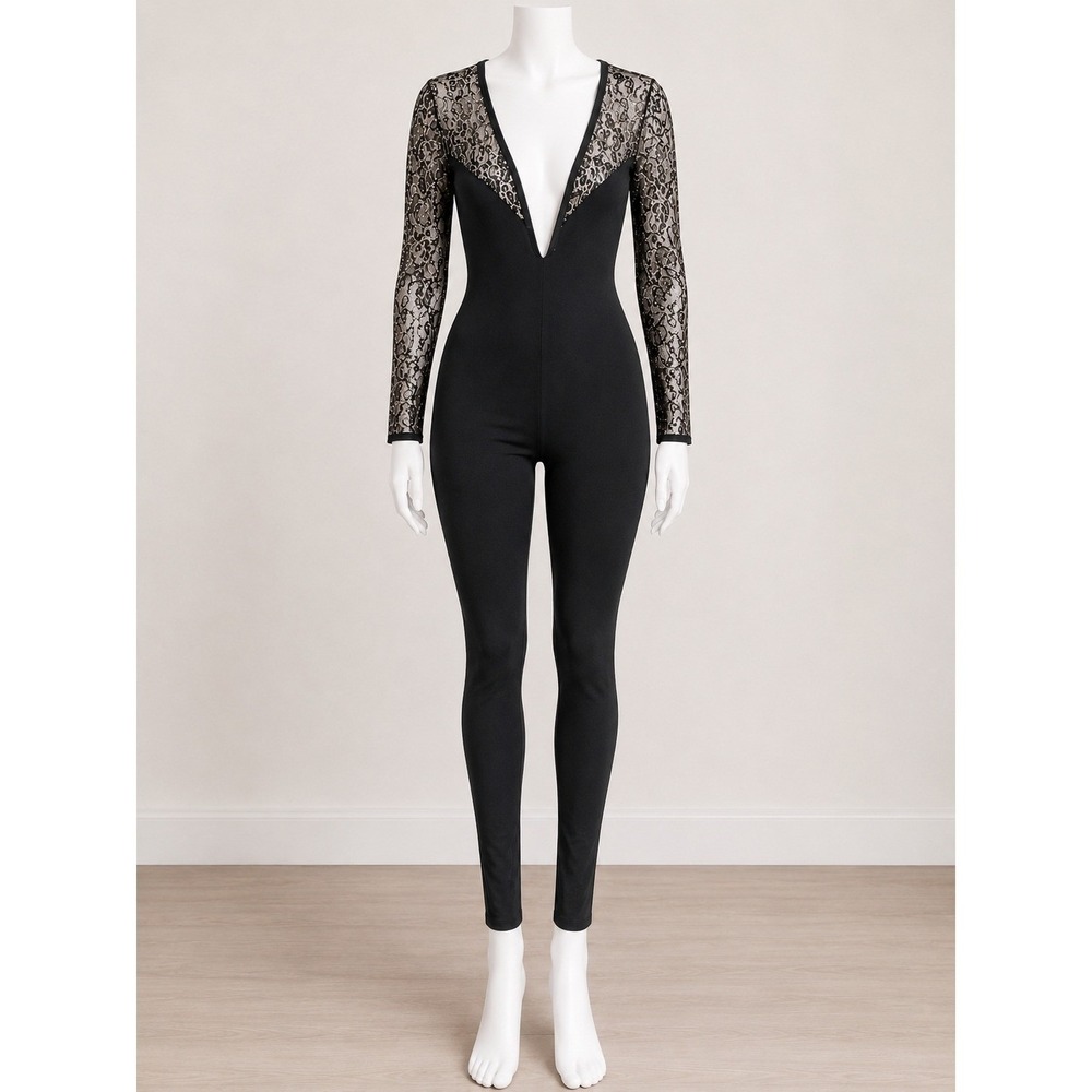 Michi by Boule De Niege Jumpsuit Size Large Black Silver Lace Long Sleeve V-Neck